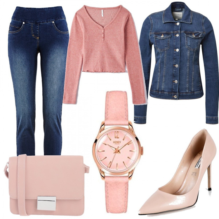 Outfit donna - Total look #1161026. Stile Casual chic per Serata fuori. Abbinamento con jeans slim fit, borse a tracolla, t-shirt, décolleté, giacche, orologi.