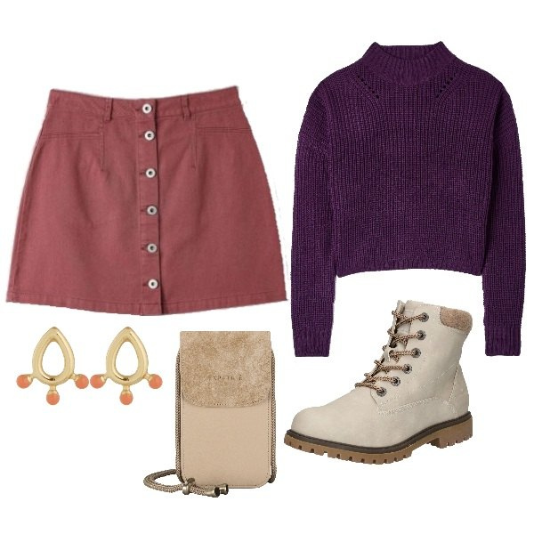 Outfit donna - Terranova Curvy. Stile Basic per Tutti i giorni. Abbinamento con maglieria, minigonne, borse a tracolla, stivaletti, orecchini.