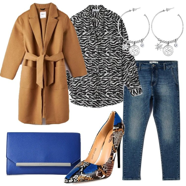 Outfit donna - Trendy in Terranova curvy style. Stile Trendy per Tutti i giorni. Abbinamento con jeans, cappotti, camicie, décolleté, orecchini, pochette.