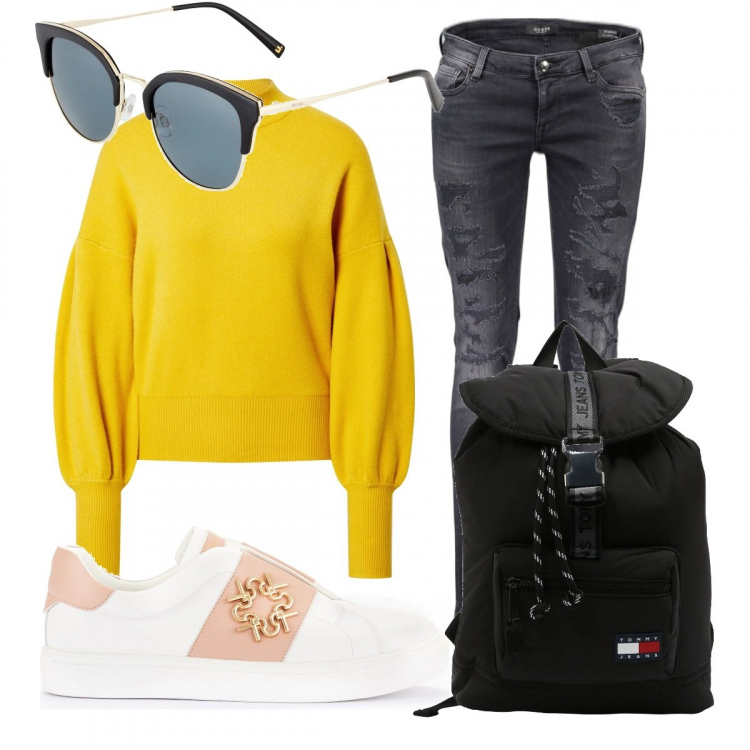 Outfit donna - Total look #1161278. Stile Casual per Tutti i giorni. Abbinamento con sneakers, jeans strappati, zaini, occhiali da sole, pullovers.