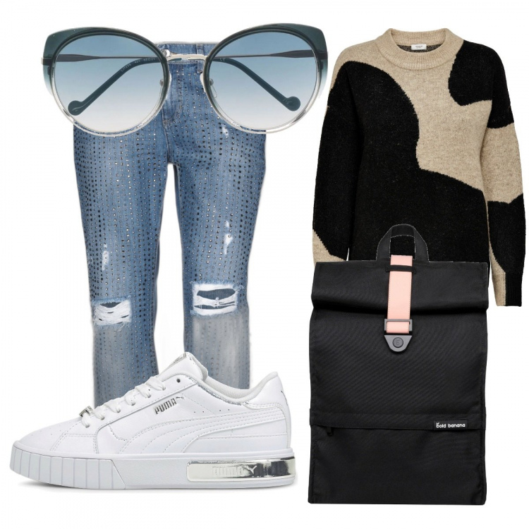 Outfit donna - Total look #1161279. Stile Casual per Tutti i giorni. Abbinamento con jeans strappati, occhiali da sole, pullovers, zaini, sneakers.