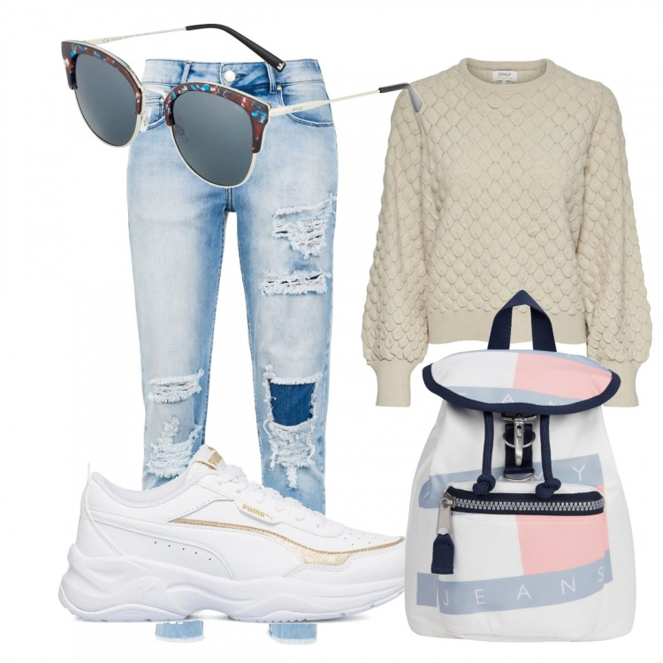 Outfit donna - Total look #1161281. Stile Casual per Tutti i giorni. Abbinamento con zaini, jeans strappati, sneakers, pullovers, occhiali da sole.