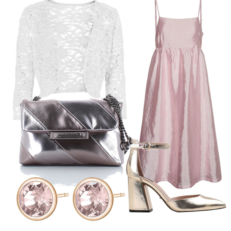 Outfit donna - Cerimonia con un tocco di metal. Stile Chic per Cerimonia. Abbinamento con shopping bag, orecchini, décolleté, vestiti, bolero.