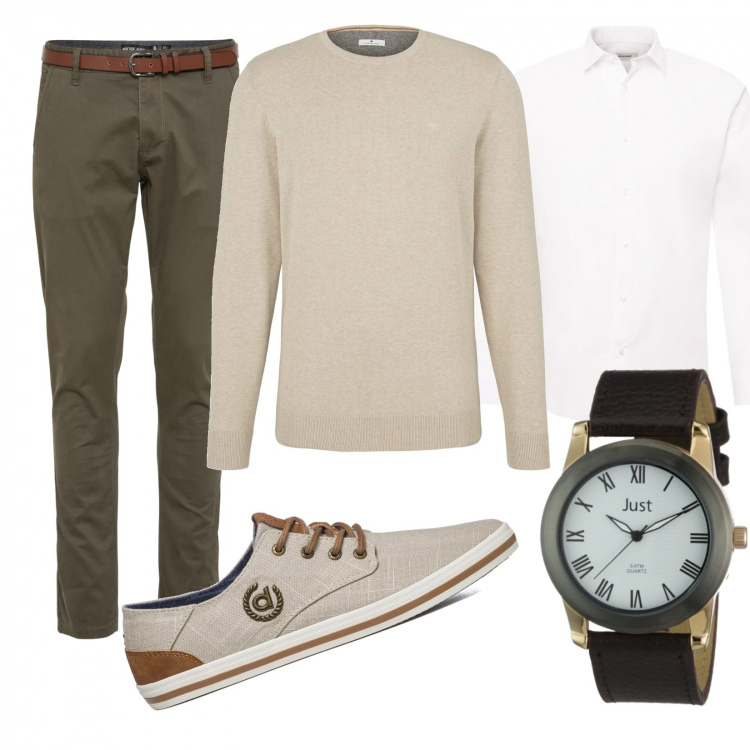 Outfit uomo - Pullover in ufficio. Stile Business/Elegante per Ufficio. Abbinamento con scarpe stringate, orologi, pantaloni chino, pullovers, camicie.