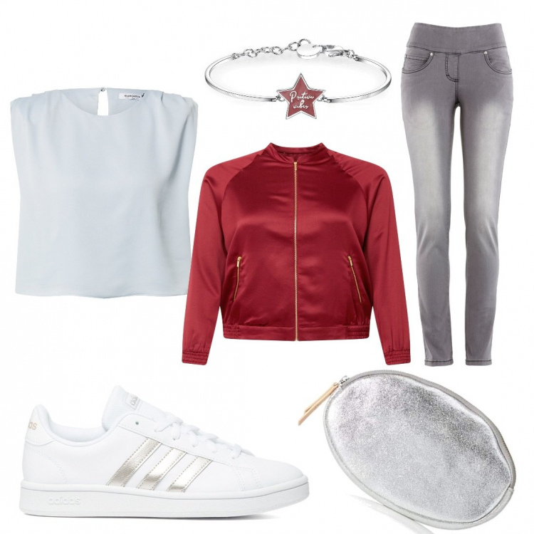 Outfit donna - Il bomber rosso. Stile Urban per Tutti i giorni. Abbinamento con jeans slim fit, braccialetti, sneakers, giacche, camicie, pochette.