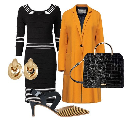 Outfit donna - Giallo su nero. Stile Chic per Ufficio. Abbinamento con vestiti, cappotti, décolleté, borse a mano, orecchini.