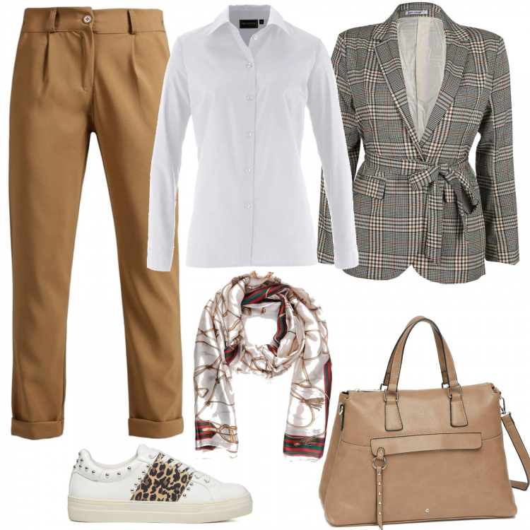Outfit donna - Casual chic. Stile Casual chic per Tutti i giorni. Abbinamento con camicie, pantaloni, blazer, foulard, borse a mano, sneakers.