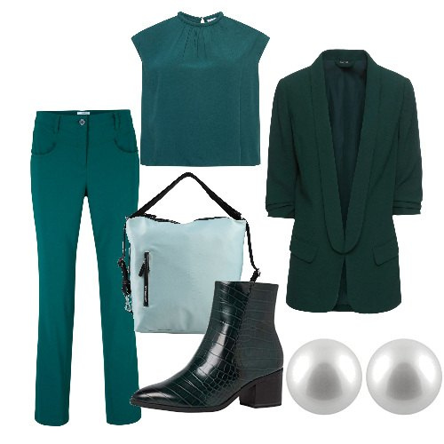 Outfit donna - Total green. Stile Urban per Tutti i giorni. Abbinamento con blazer, pantaloni, borse a mano, camicie, stivaletti, orecchini.