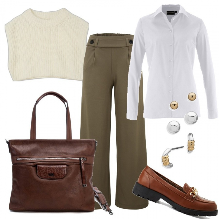 Outfit donna - Il gilet corto a costine. Stile Basic per Ufficio. Abbinamento con camicie, shopping bag, mocassini, gilet, pantaloni, orecchini.