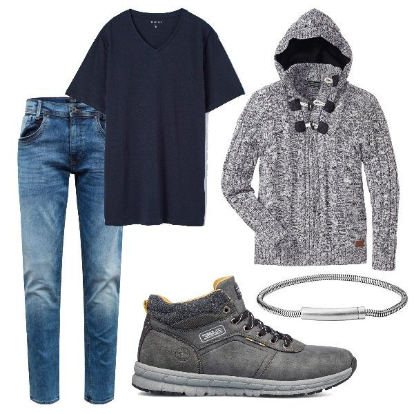 Outfit uomo - Il maglione con cappuccio. Stile Casual per Tutti i giorni. Abbinamento con maglieria, t-shirt, sneakers alte, braccialetti, jeans.