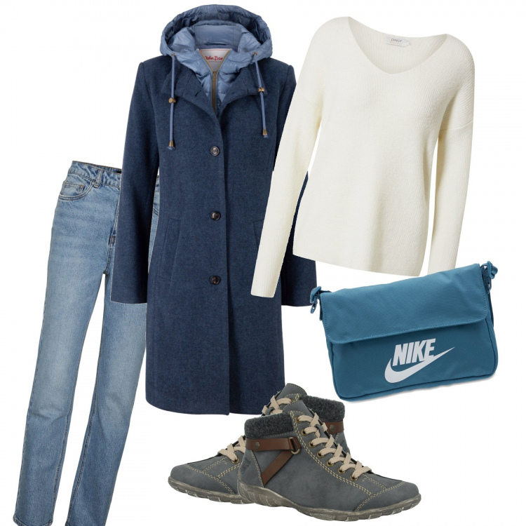 Outfit donna - Vannì blu. Stile Casual per Tutti i giorni. Abbinamento con cappotti, stivaletti, pullovers, borse a tracolla, jeans.