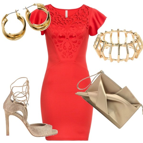 Outfit donna - Dorata con Glamest. Stile Bon Ton per Cerimonia. Abbinamento con bracciale, vestiti, clutch con nodi effetto satinato con zip made italy, sandali con plateau e strass effetto scamosciato con tacco spillo e lacci open toe, orecchini argento.