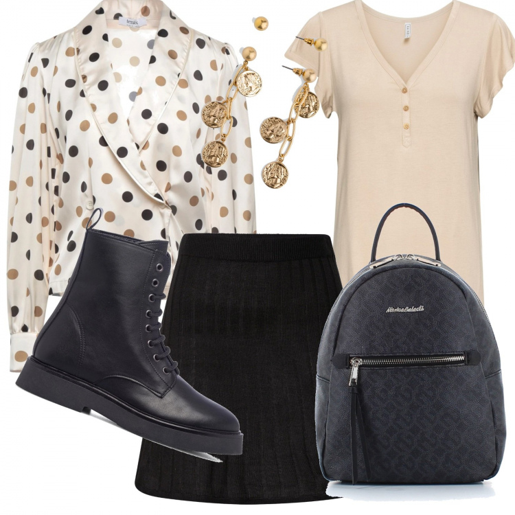 Outfit donna - Una giornata casual chic. Stile Casual chic per Serata fuori. Abbinamento con zaini, anfibi, blazer, orecchini, maglieria, gonne.