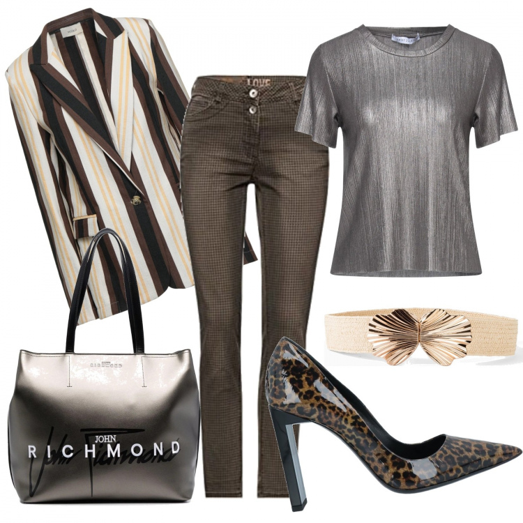 Outfit donna - Giacca a righe e scarpa leopardata. Stile Trendy per Serata fuori. Abbinamento con cinture, décolleté, blazer, t-shirt, borse tote, pantaloni.
