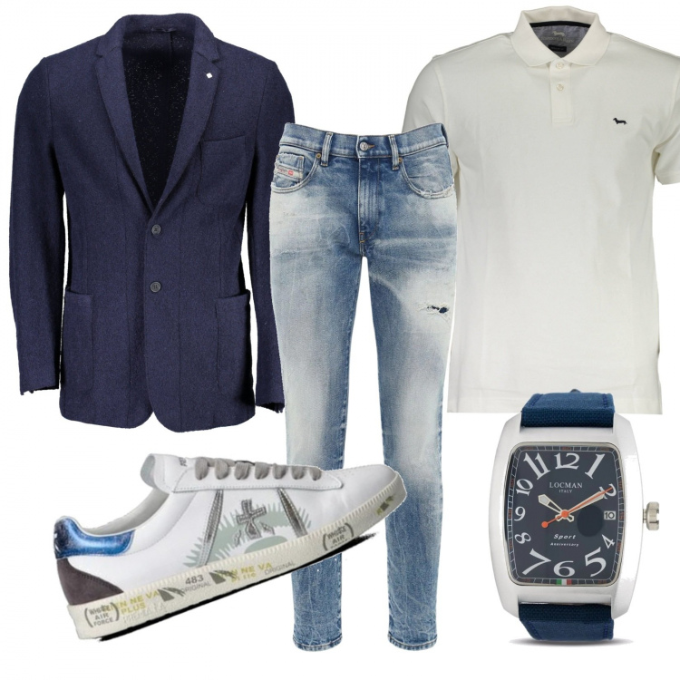 Outfit uomo - Jeans e giacca. Stile Trendy per Ufficio. Abbinamento con sneakers, orologi, jeans slim fit, giacche, polo.