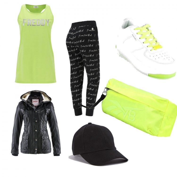 Outfit donna - Green. Stile Casual per Tutti i giorni. Abbinamento con blazer, marsupi, cappelli con visiera, sneakers alte, pantaloni, canottiere.