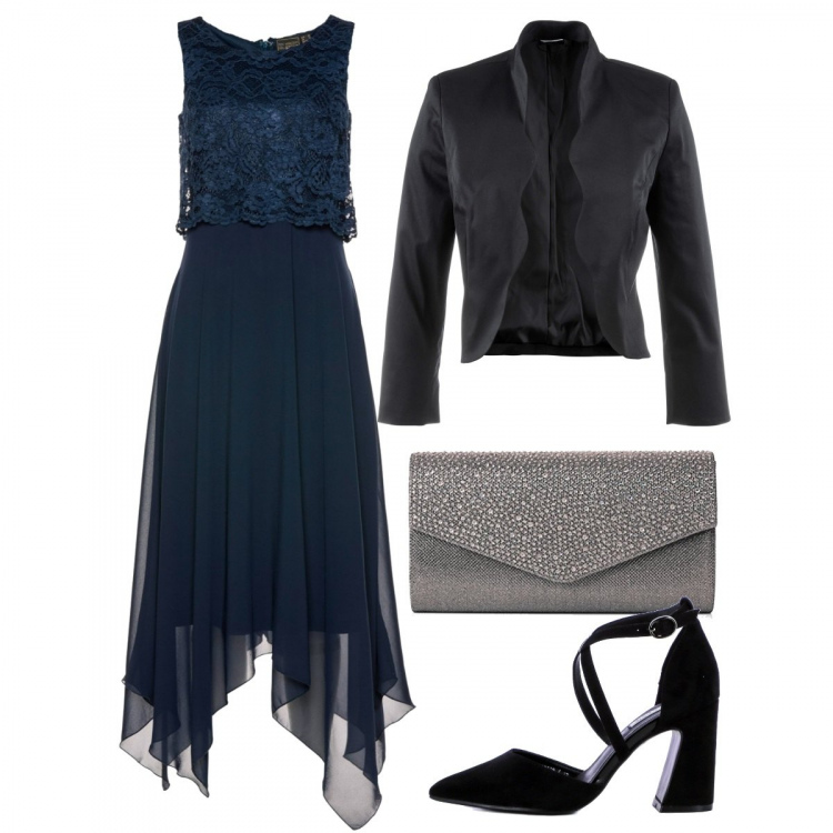 Outfit donna - Di sera - curvy. Stile Basic per Serata fuori. Abbinamento con vestiti midi/longuette, blazer, décolleté, pochette.