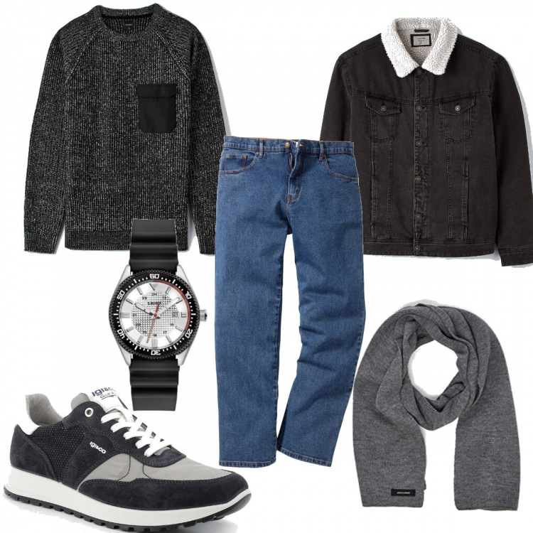 Outfit uomo - A passeggio in jeans. Stile Trendy per Tutti i giorni. Abbinamento con jeans dritti, cappotti, maglieria, sneakers, sciarpe, orologi.