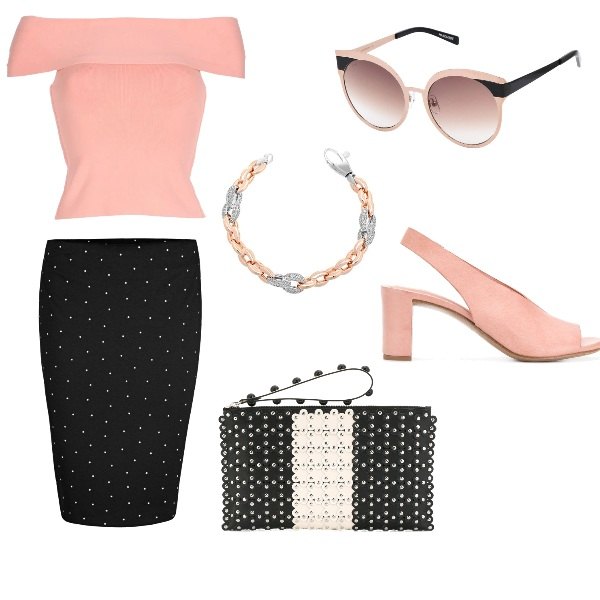 Outfit donna - Cerimonia di giorno. Stile Sexy per Cerimonia. Abbinamento con top jersey, occhiali da sole lenti sfumate effetto acetato in montatura in metallo, clutch con borchie in pelle taglia unica rosso e nero, sandali con cinturino in pelle rosa e viola, gonna multicolore, bracciale con zirconia oro.