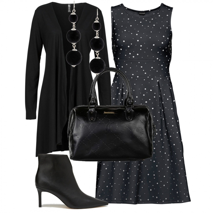 Outfit donna - Plus Size ... In black. Stile Bon Ton per Serata fuori. Abbinamento con cardigans, vestiti, orecchini, borse a mano, stivaletti.