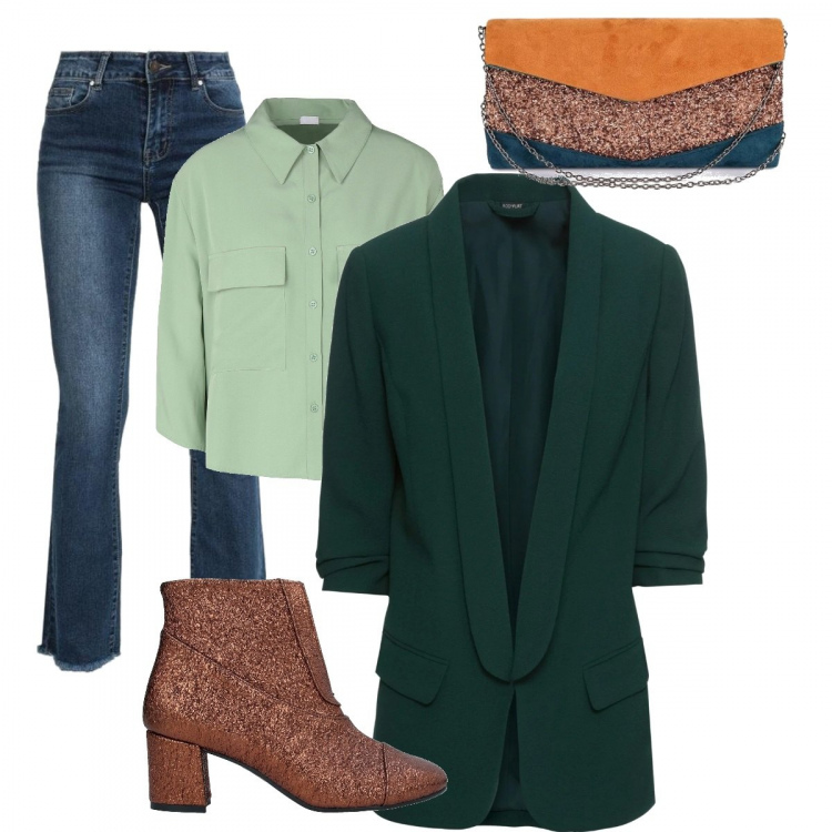 Outfit donna - Verde che passione. Stile Casual chic per Tutti i giorni. Abbinamento con blazer, stivaletti, camicie a manica corta, jeans a zampa, pochette.