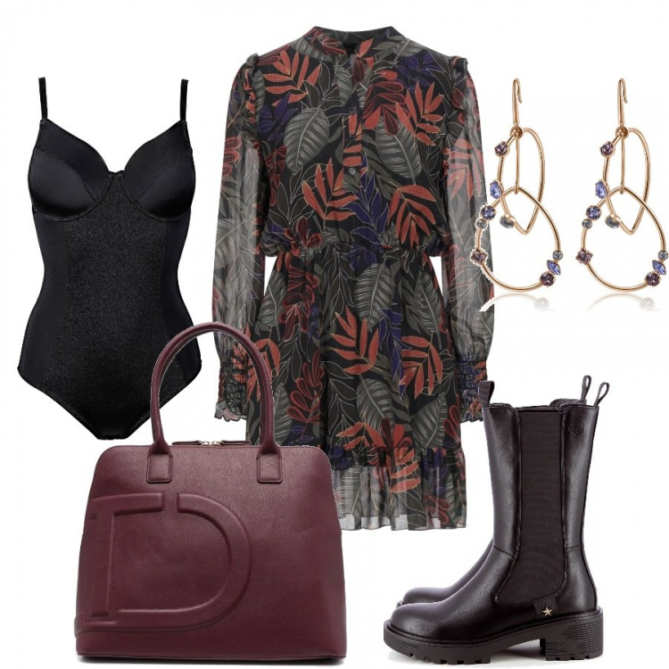 Outfit donna - Stasera si va al pub curvy size. Stile Trendy per Serata fuori. Abbinamento con body, vestiti corti, stivaletti, orecchini, borse tote.
