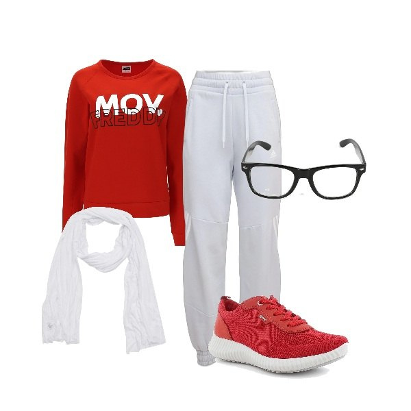 Outfit donna - Smart Working comodo. Stile Sporty chic per Tutti i giorni. Abbinamento con occhiali da sole, sneakers, felpe, sciarpe, pantaloni.