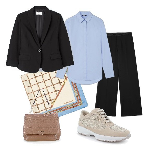 Outfit donna - Colloquio di lavoro. Stile Casual per Tutti i giorni. Abbinamento con borse a spalla, camicie, pantaloni a palazzo, sneakers, foulard, giacche.