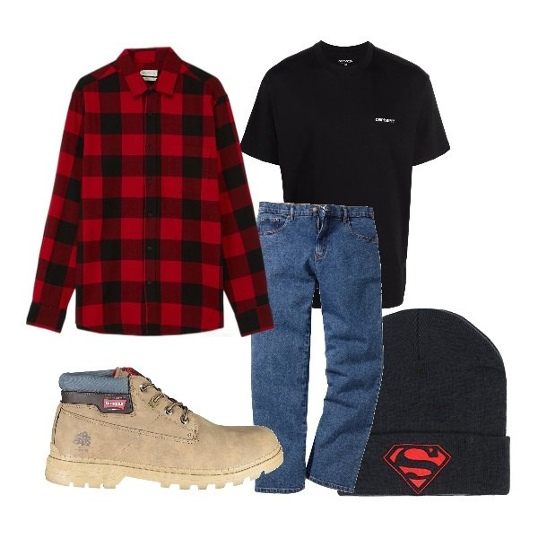 Outfit uomo - Direttamente da Smallville. Stile Casual per Tutti i giorni. Abbinamento con jeans dritti, camicie, t-shirt, berretti, stivali e stivaletti.