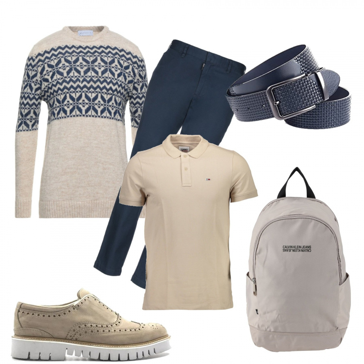 Outfit uomo - Il pullover beige. Stile Casual per Tutti i giorni. Abbinamento con scarpe stringate, pantaloni, pullovers, borse sportive, polo, cinture.