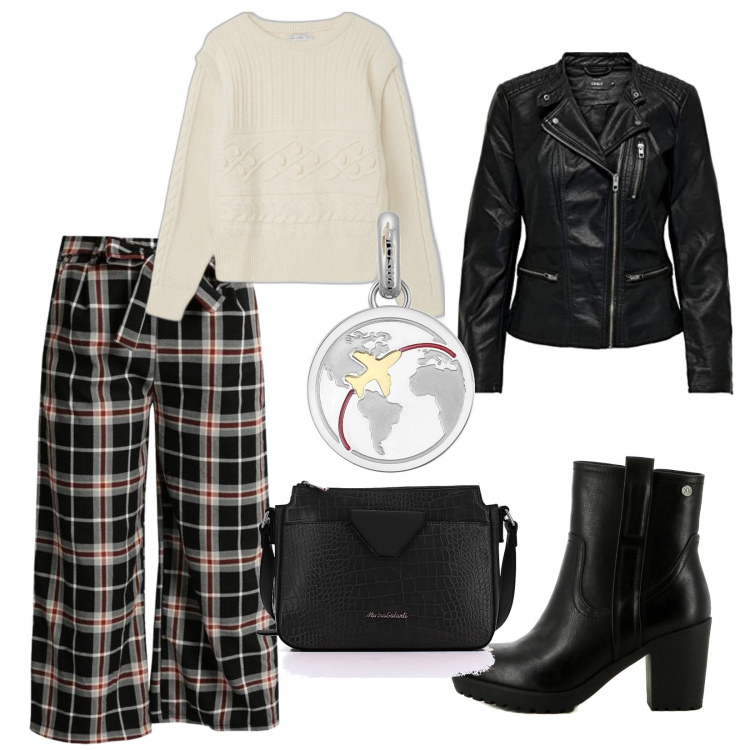 Outfit donna - Black and White. Stile Casual per Tutti i giorni. Abbinamento con pantaloni culotte, stivaletti, borse a tracolla, maglieria, ciondoli, giacche.