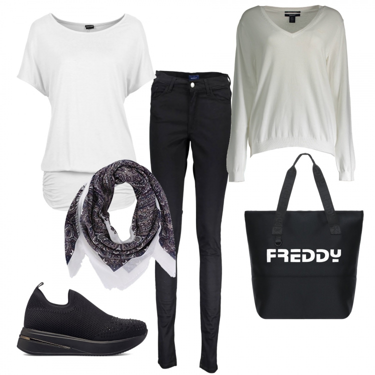 Outfit donna - Basic #31483. Stile Basic per Tutti i giorni. Abbinamento con maglieria, shopping bag, sneakers alte, foulard, pantaloni, maglieria.
