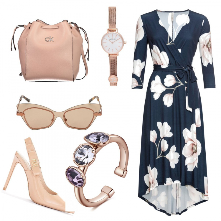 Outfit donna - A spasso con stile. Stile Chic per Tutti i giorni. Abbinamento con vestiti lunghi, orologi, décolleté, anelli, borse a secchiello, occhiali da sole.