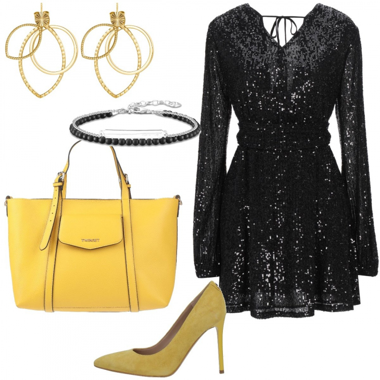 Outfit donna - Serata scintillante. Stile Glamour per Serata fuori. Abbinamento con décolleté, vestiti corti, borse a mano, orecchini, braccialetti.