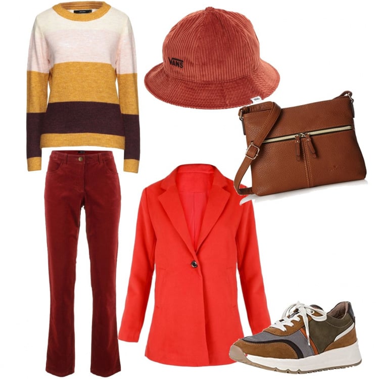 Outfit donna - Maschile autunnale. Stile Mannish per Tutti i giorni. Abbinamento con pantaloni, pullovers, cappelli, cappotti, sneakers, borse a cartella.