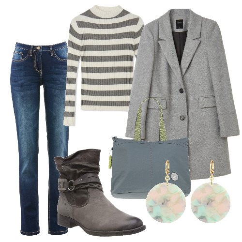 Outfit donna - La maglia a righe. Stile Urban per Scuola/Università. Abbinamento con jeans dritti, borse a mano, cappotti, maglieria, stivaletti, orecchini.