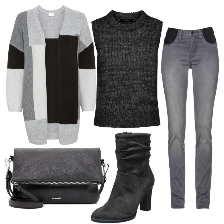 Outfit donna - Total look #1164014. Stile Casual chic per Tutti i giorni. Abbinamento con jeans, cardigans, stivaletti, pochette, pullovers.