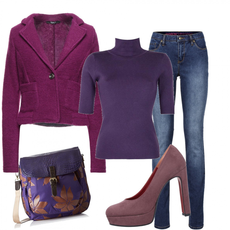 Outfit donna - Amiche sto arrivando. Stile Casual per Serata fuori. Abbinamento con jeans skinny, blazer, décolleté, pullovers, borse a tracolla.