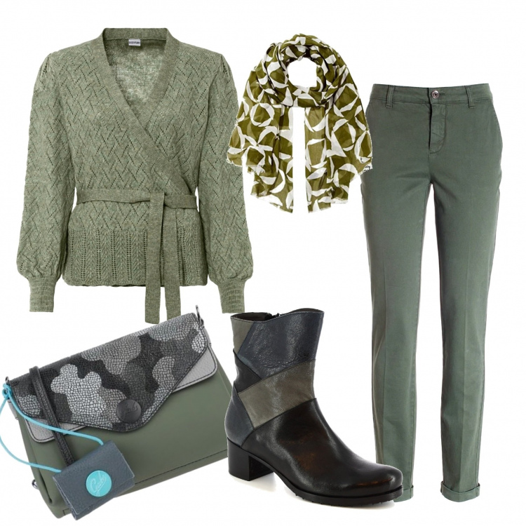 Outfit donna - Total look #1164674. Stile Casual per Tutti i giorni. Abbinamento con maglieria, borse a tracolla, pantaloni, stivali, sciarpe.