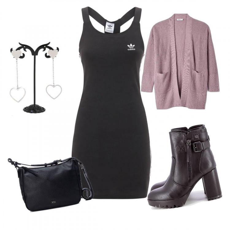 Outfit donna - Shopping con le amiche. Stile Casual chic per Tutti i giorni. Abbinamento con orecchini, stivaletti, borse a tracolla, cardigans, vestiti.