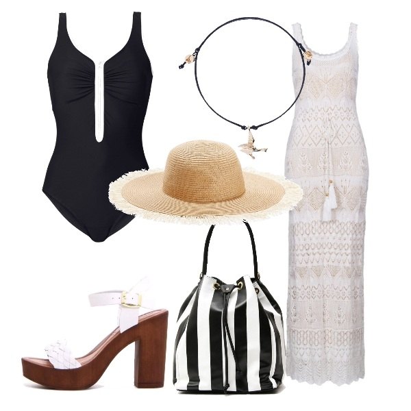Outfit donna - Bianco e nero in spiaggia. Stile Basic per Mare. Abbinamento con costumi interi, vestito in in maglia, sandali, sabot, mules e ciabattine trendy, cappello in paglia, borsa a tracolla secchiello con coulisse, collana in ottone.