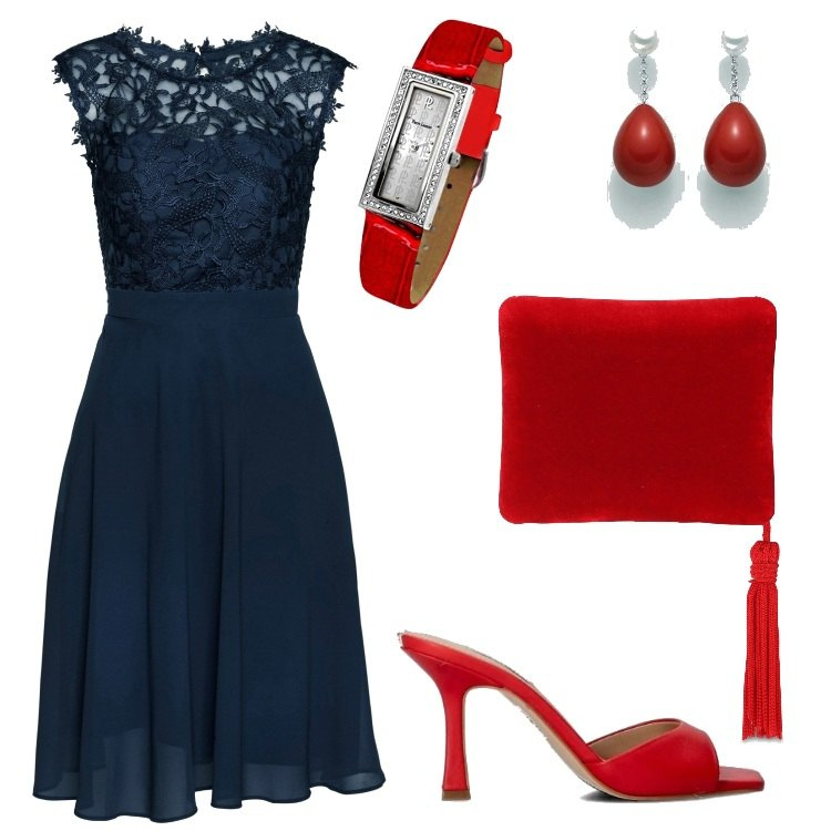 Outfit donna - Un appuntamento al buio. Stile Chic per Serata fuori. Abbinamento con vestiti corti, sabot, orecchini, pochette, orologi.