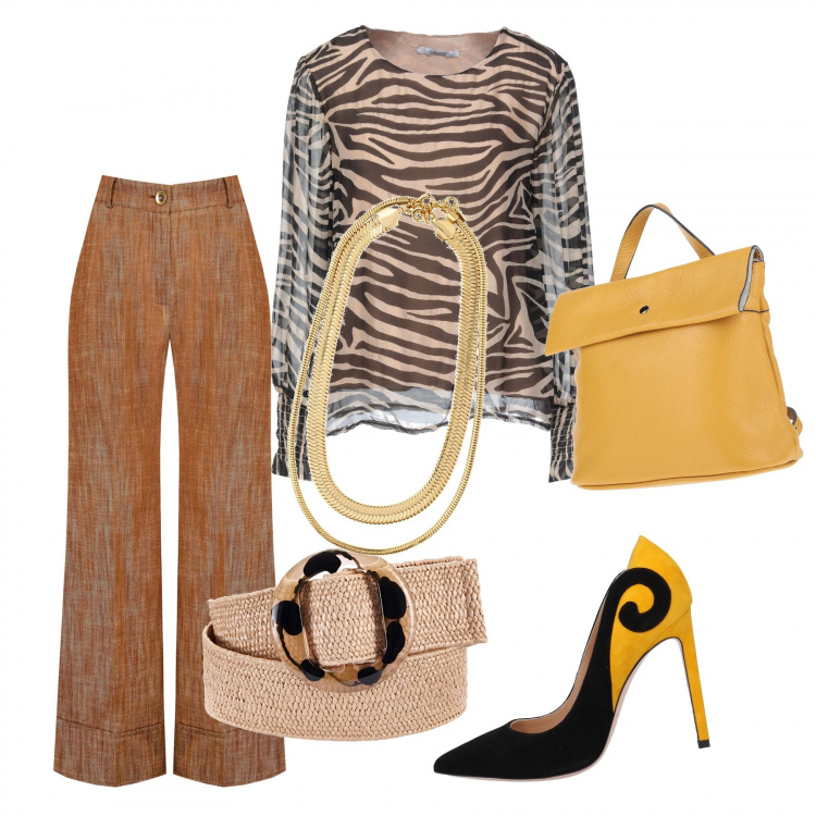 Outfit donna - Regina Maori. Stile Glamour per Serata fuori. Abbinamento con cinture, décolleté, bluse, zaini, pantaloni a palazzo, collane.