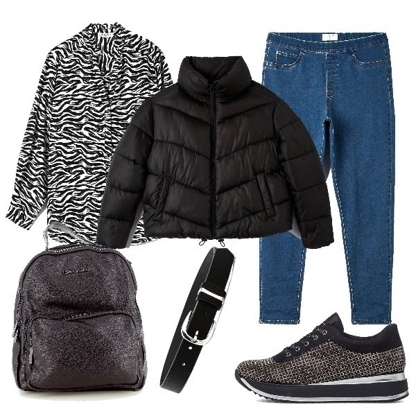 Outfit donna - Total look #1165309. Stile Casual chic per Tutti i giorni. Abbinamento con cinture, camicie, piumini, jeans, zaini, sneakers.