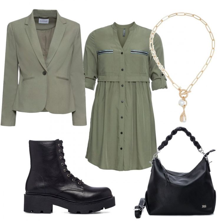 Outfit donna - Abito e anfibi military. Stile Military per Tutti i giorni. Abbinamento con vestiti chemisier, blazer, collane, borse a spalla, anfibi.