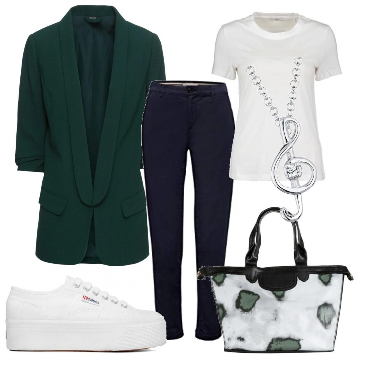 Outfit donna - Blazer Verde. Stile Minimal per Ufficio. Abbinamento con blazer, borse a mano, pantaloni chino, sneakers, t-shirt, ciondoli.