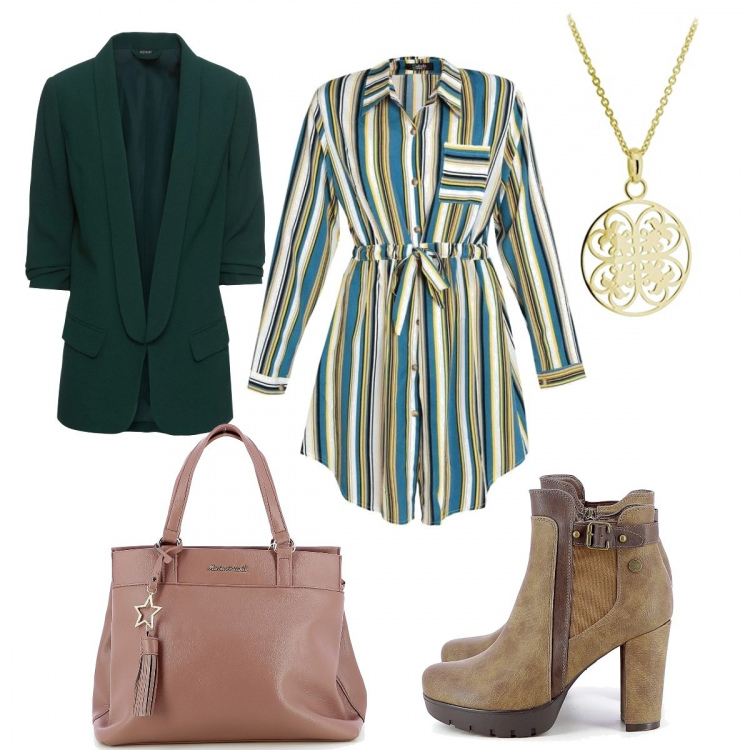 Outfit donna - Chemisier a righe. Stile Trendy per Tutti i giorni. Abbinamento con blazer, vestiti chemisier, stivaletti, borse a mano, collane.