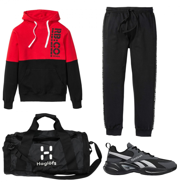 Outfit uomo - Bonprix sport. Stile Trendy per Sport. Abbinamento con felpe con cappuccio, pantaloni, borse sportive, sneakers.