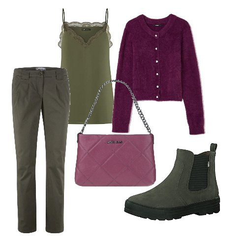 Outfit donna - Il pizzo verde militare. Stile Urban per Tutti i giorni. Abbinamento con pantaloni chino, borse a mano, cardigans, stivaletti chelsea, canottiere.