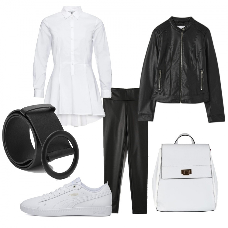 Outfit donna - Black and white. Stile Basic per Serata fuori. Abbinamento con camicie, treggings, cappotti, zaini, cinture, sneakers.
